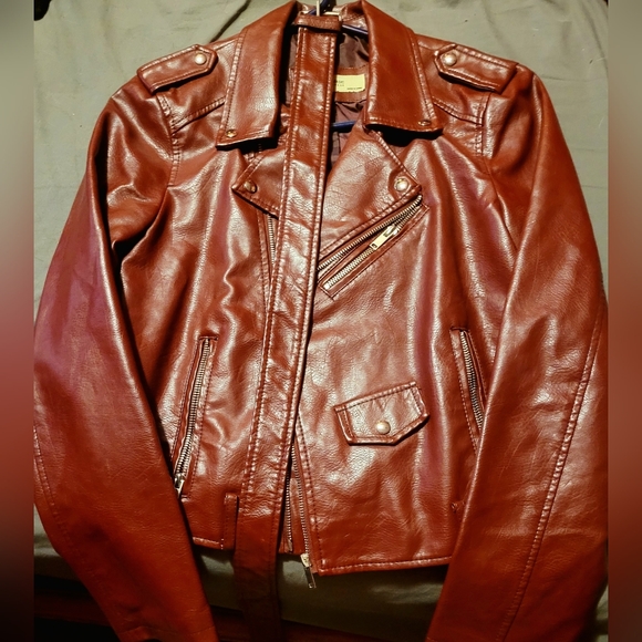 Jackets & Blazers - Maroon Faux leather Biker jacket